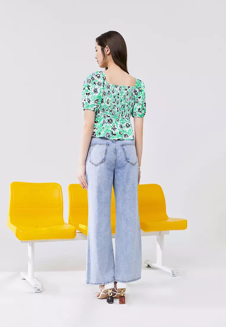 Puff Sleeve Tropical Cropped Top