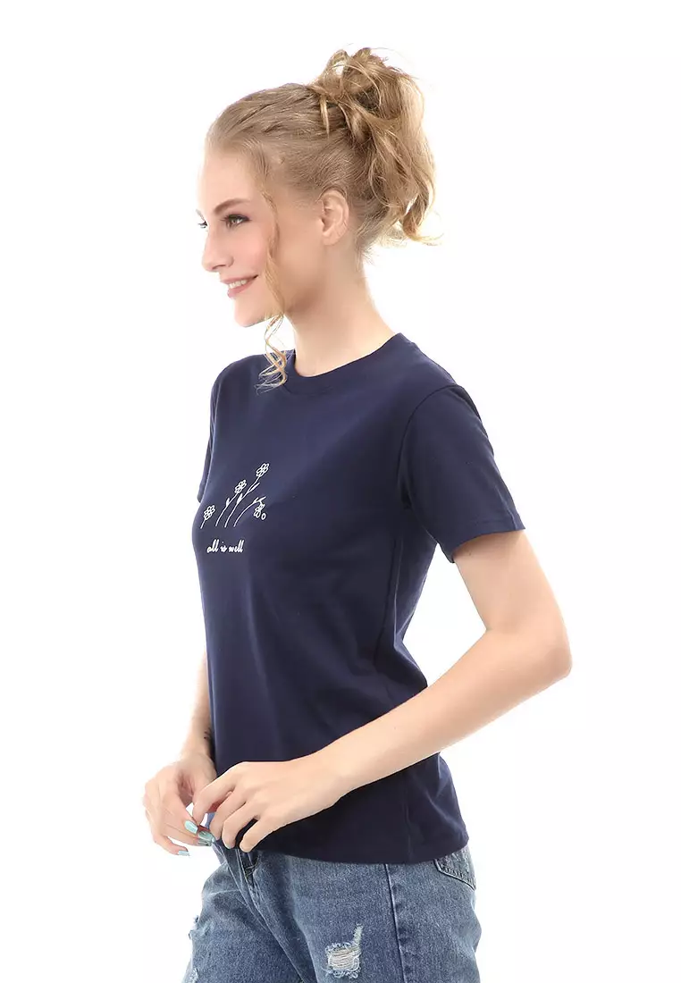 Genevie T-Shirt Kaos Kasual Wanita All Is Well Short Sleeve Material Cotton Combed ORIGINAL - Navy