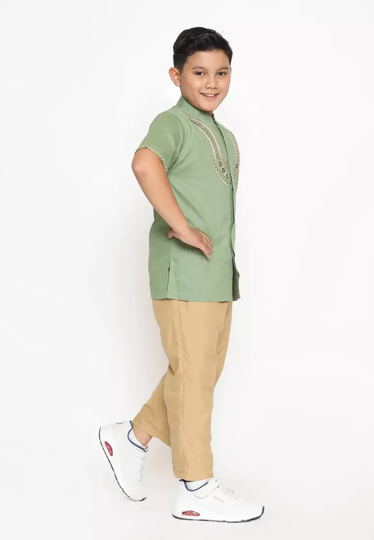 Baju Koko Set Anak Laki Bordir Viral Light Green - GENUINE