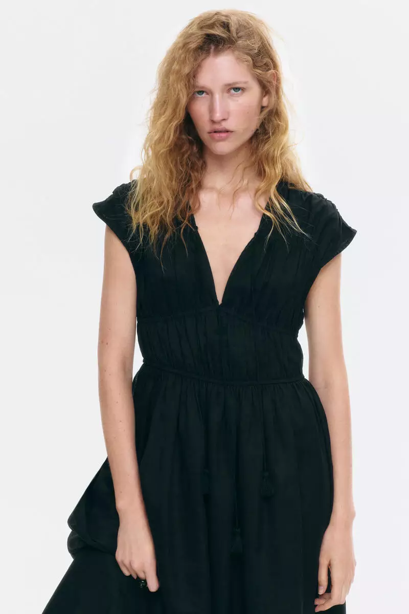 Drawstring-detail ramie dress