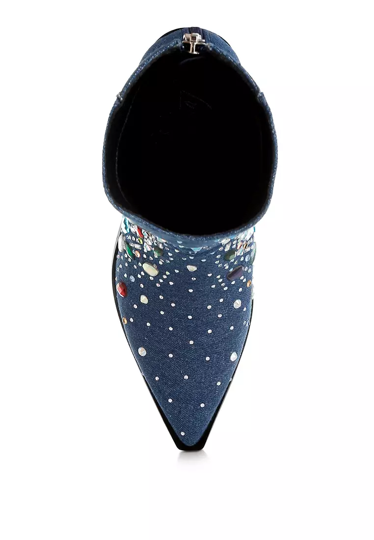 Multi Color Stones Embellished Boots in Dark Blue