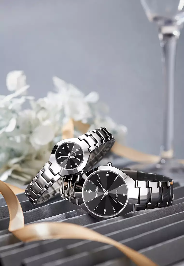 Jam Tangan Couple 9090-M+SL9090-W Stainless Steel Berlian Anti Air Analog Bisnis Kuarsa Jam Tangan Wanita/Pria silver black