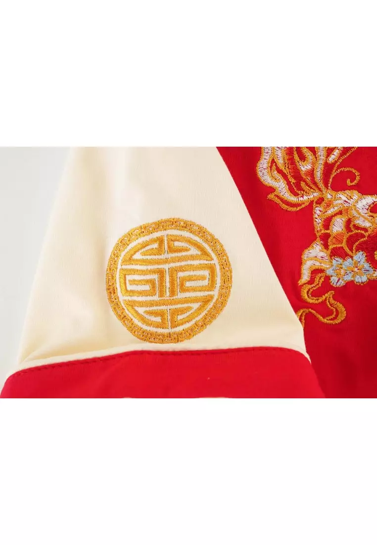 財富和諧紅色家庭裝金魚刺繡嬰兒男童唐裝漢服套装上衣與短褲春節中國拜年裝0835