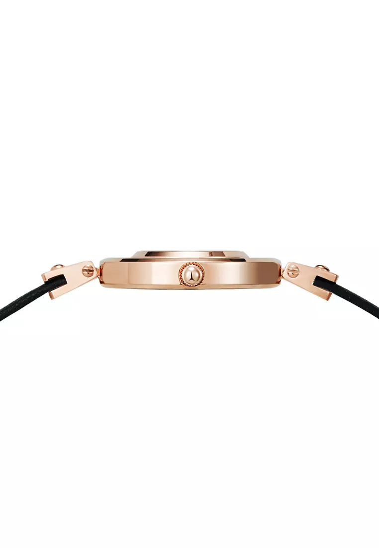 Sparkle Star 女士手表 真皮表帶 30mm玫瑰金表殼 綠色表面 流動鑽石-黑色