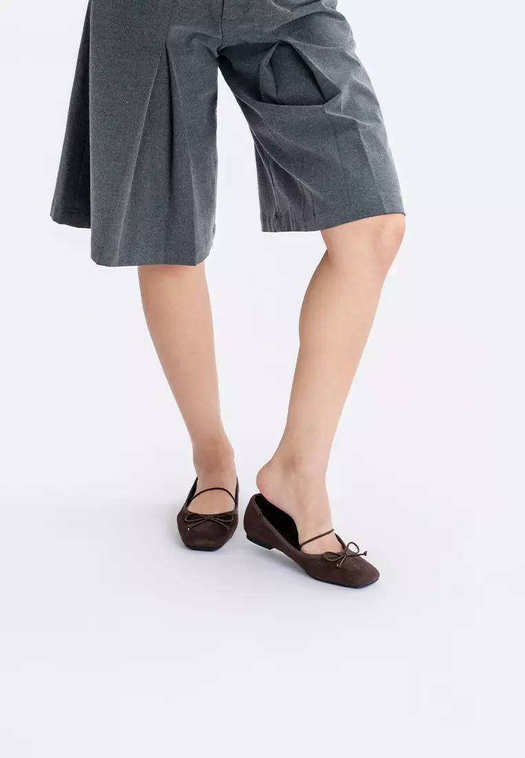 SQUARE TOE BALLET FLATS WITH STRAP & RIBBON 蝴蝶结松紧方头芭蕾平底鞋