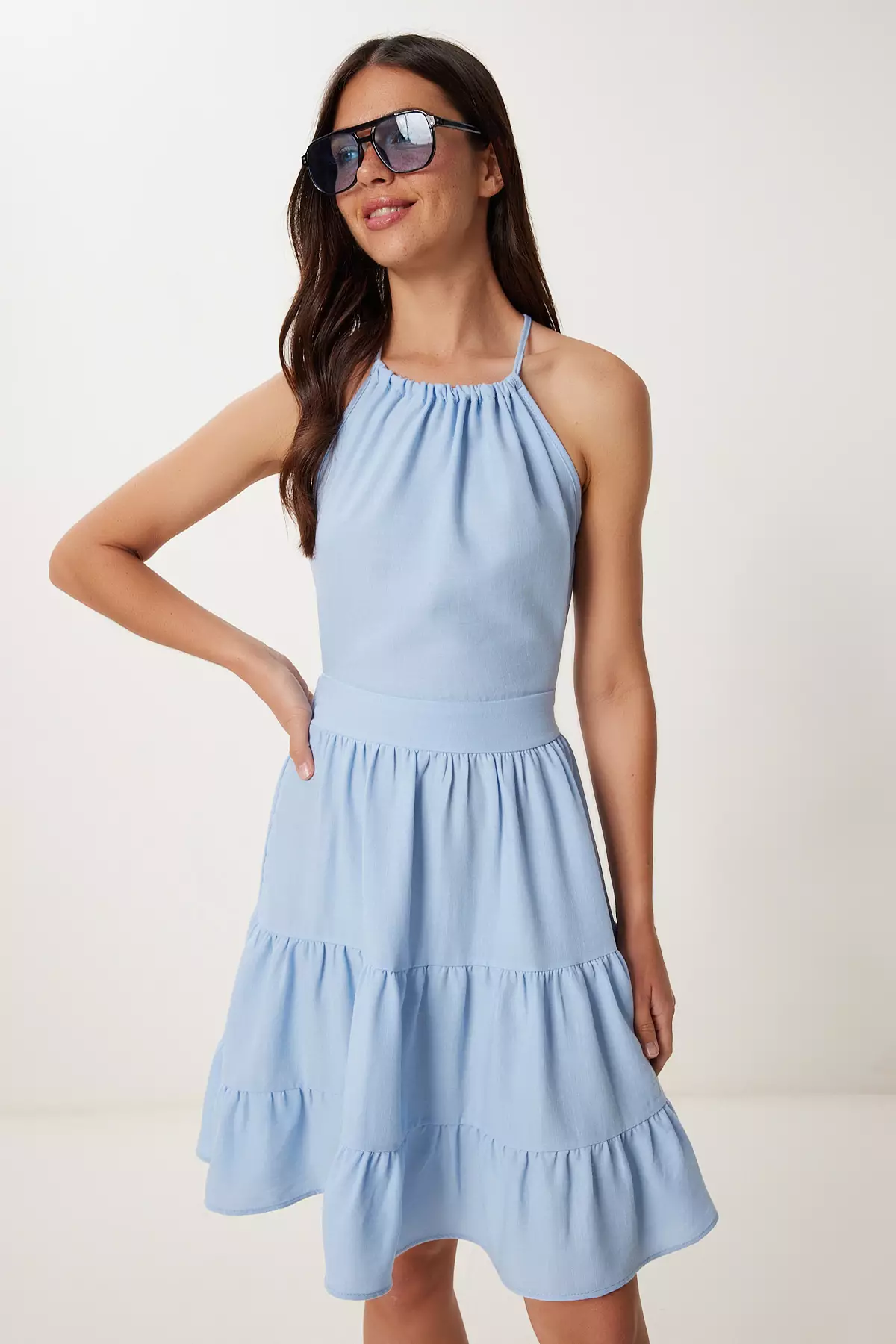 Women's Sky Blue Linen Blend Light See-Through Summer Knitted Dress Gx00010
