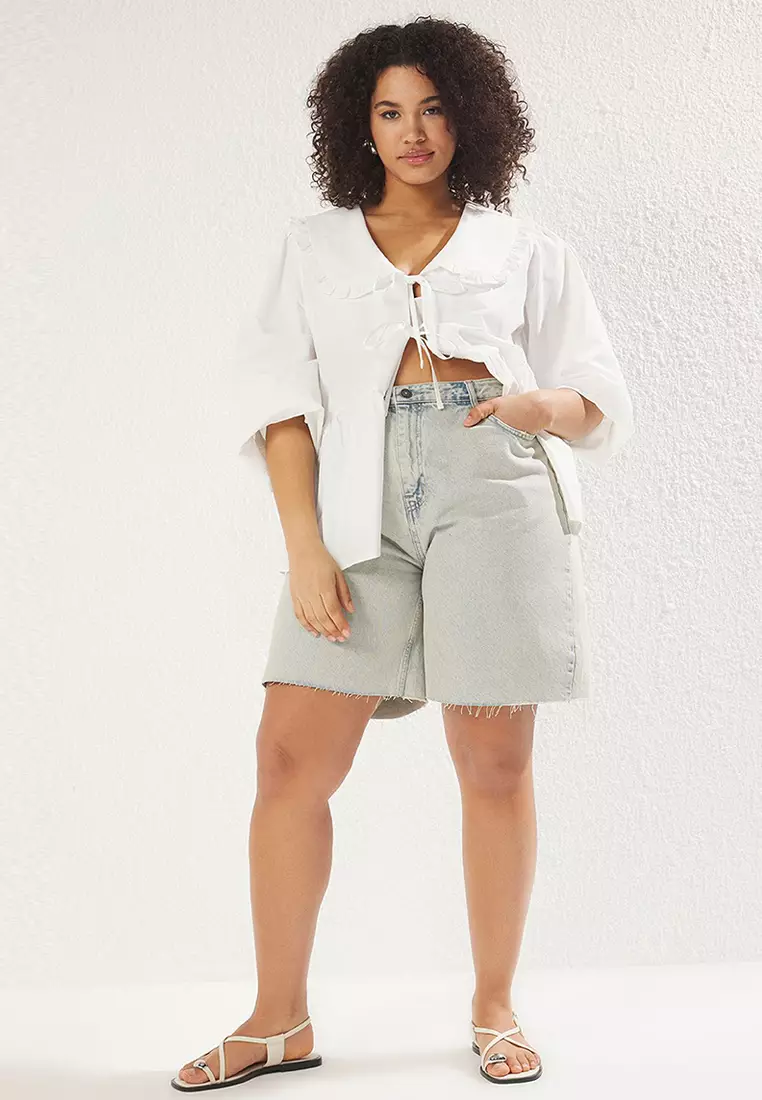 Light Blue Wide Leg Cut Plus Size Shorts & Bermuda TBBSS25AP00008