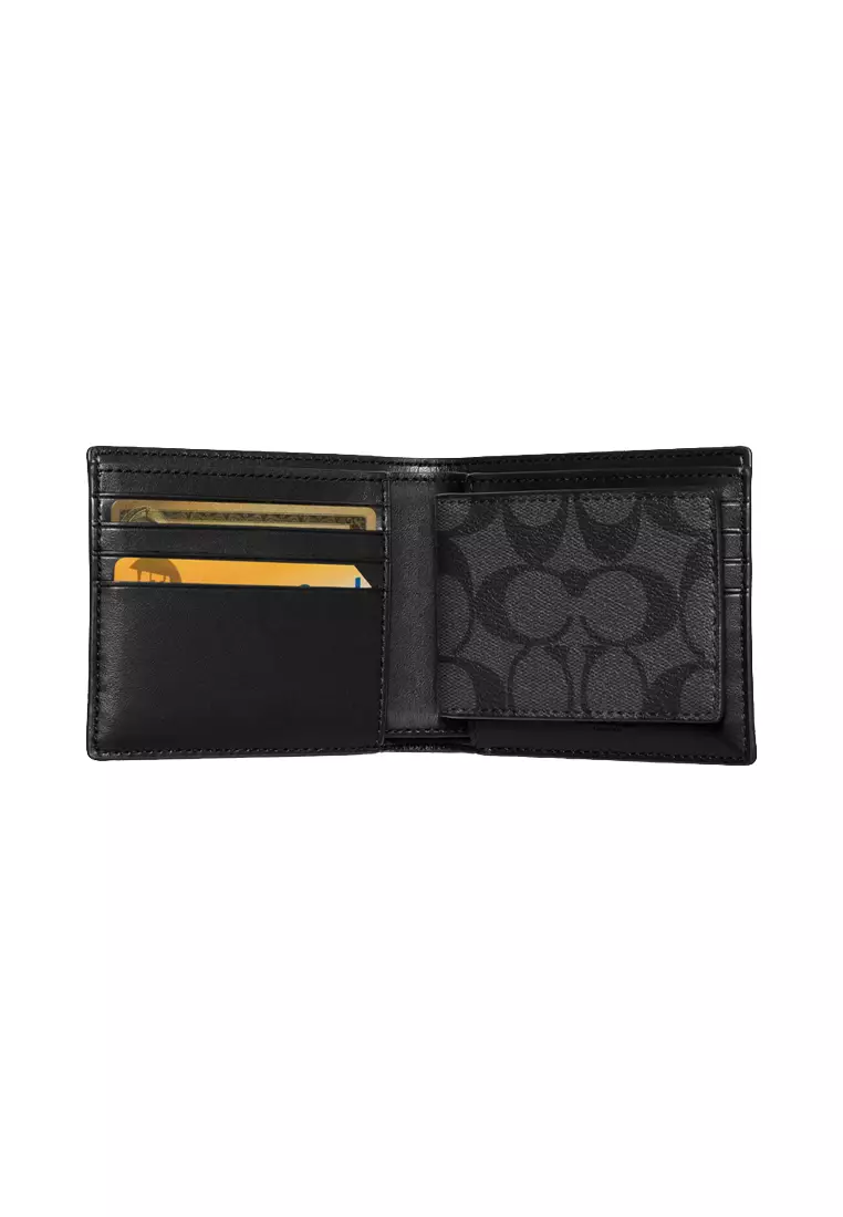 Coach Mens Compact ID Wallet In Signature Coated Canvas Black F74993