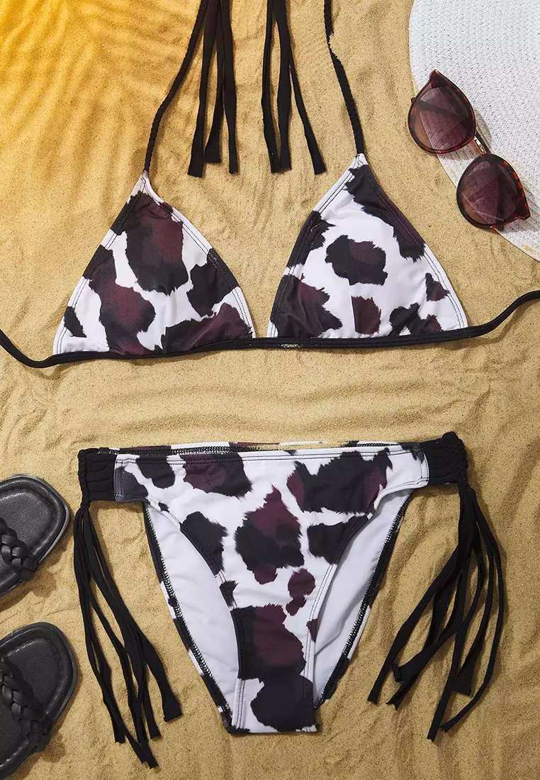 Cow Patterned Triangle Tied Regular Bikini Set TBESS25BT00125