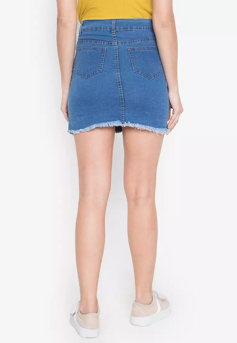 Denim Button Down High Waist Frayed Mini Skirt