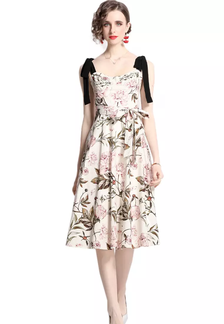 Sunnydaysweety Bow Suspender Print A-Line One-Piece Dress A22050711