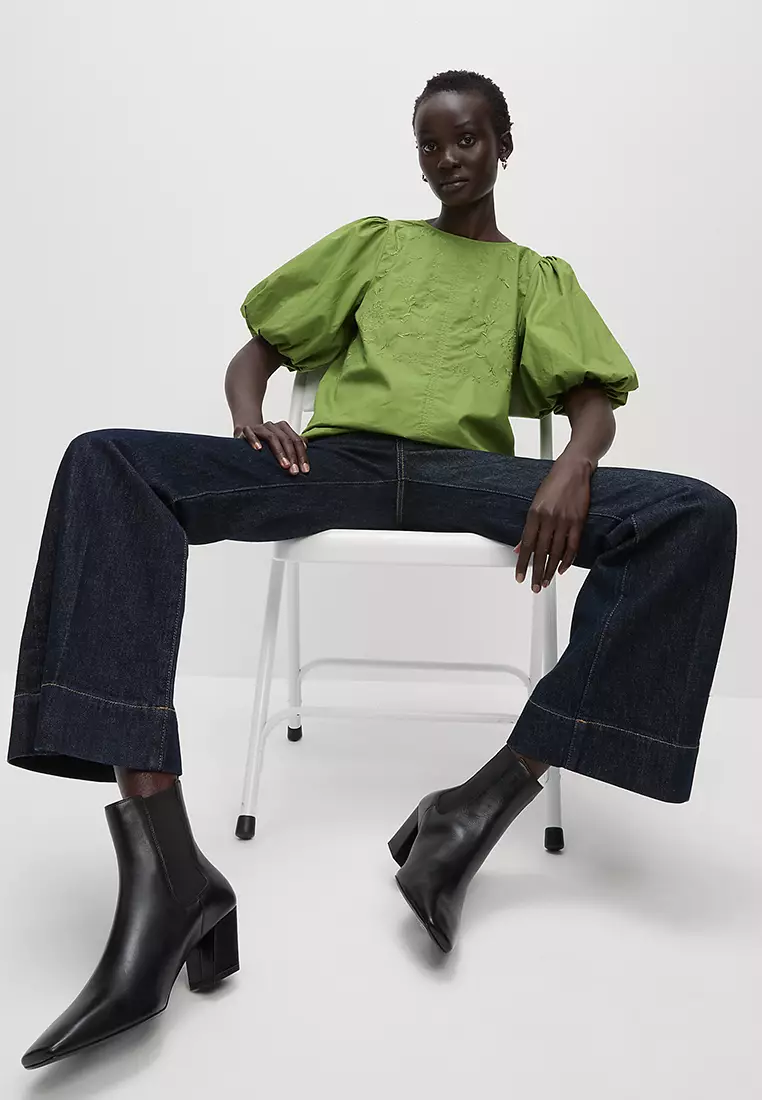 Pure Cotton Embroidered Puff Sleeve Blouse