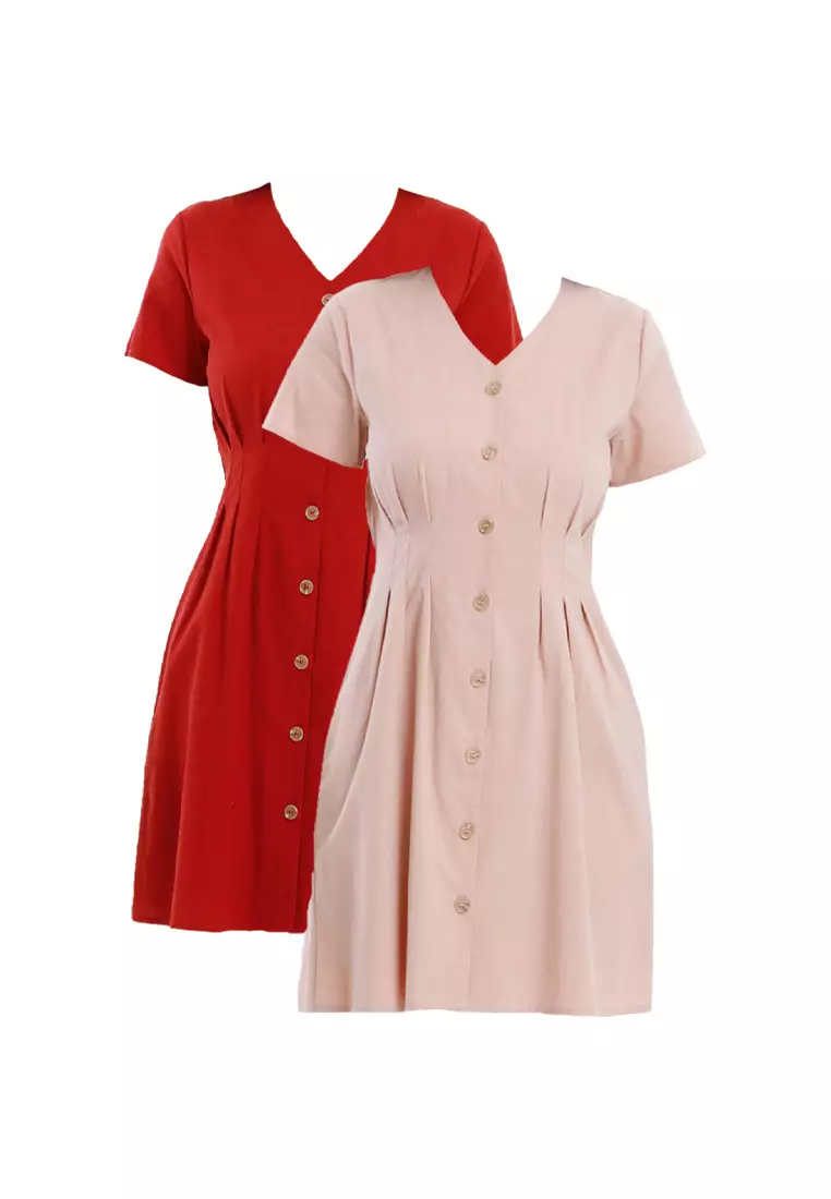Forest Ladies Cotton Linen Dress Women Button Up V-Neck Dress - 885101-58BrickRed