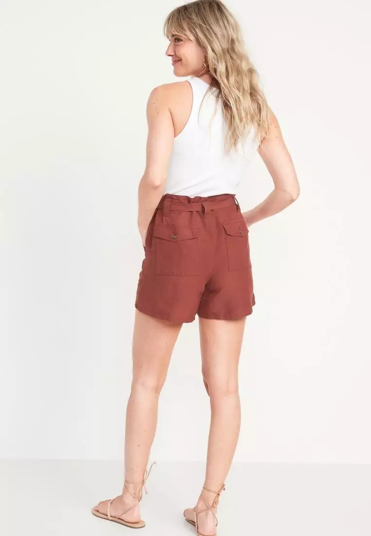 High-Waisted Soft Linen-Blend Paperbag Workwear Shorts for Women - 4.5-inch inseam