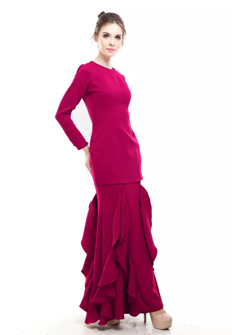 Zerra Kurung Modern Ruffle Skirt in Pink Maroon