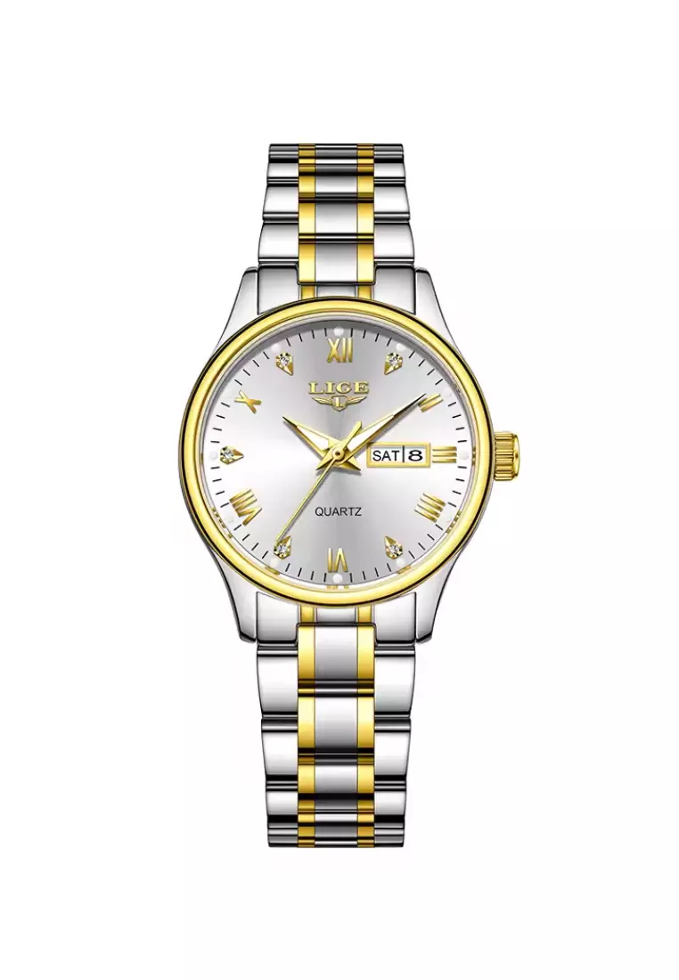 Ladies Day/Date Light Metal Alloy Quartz Watch, 29mm Diameter, Stainless Steel Bracelet