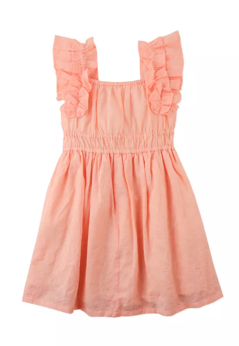 Yuno Floral Textured Smocked Waist Dress With Ruffle Sleeves
