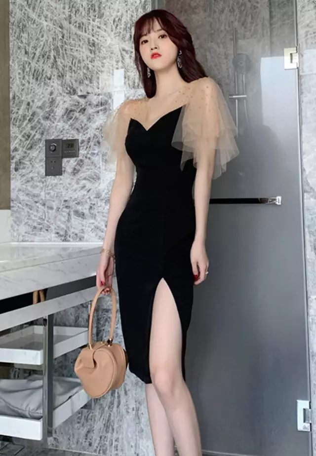 Buy Sunnydaysweety Sexy Lace Diamond Stitching V-Neck One Piece Dress ...