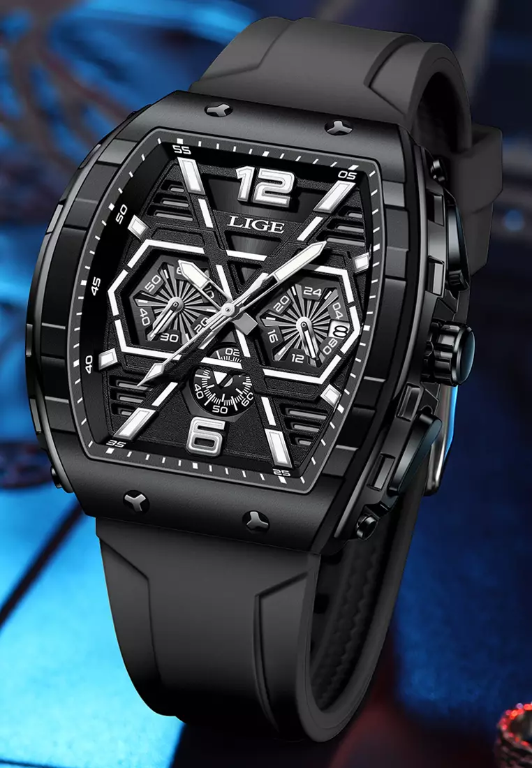 Unisex Tonneau Shaped IP Black Quartz Watch on Rubber Strap