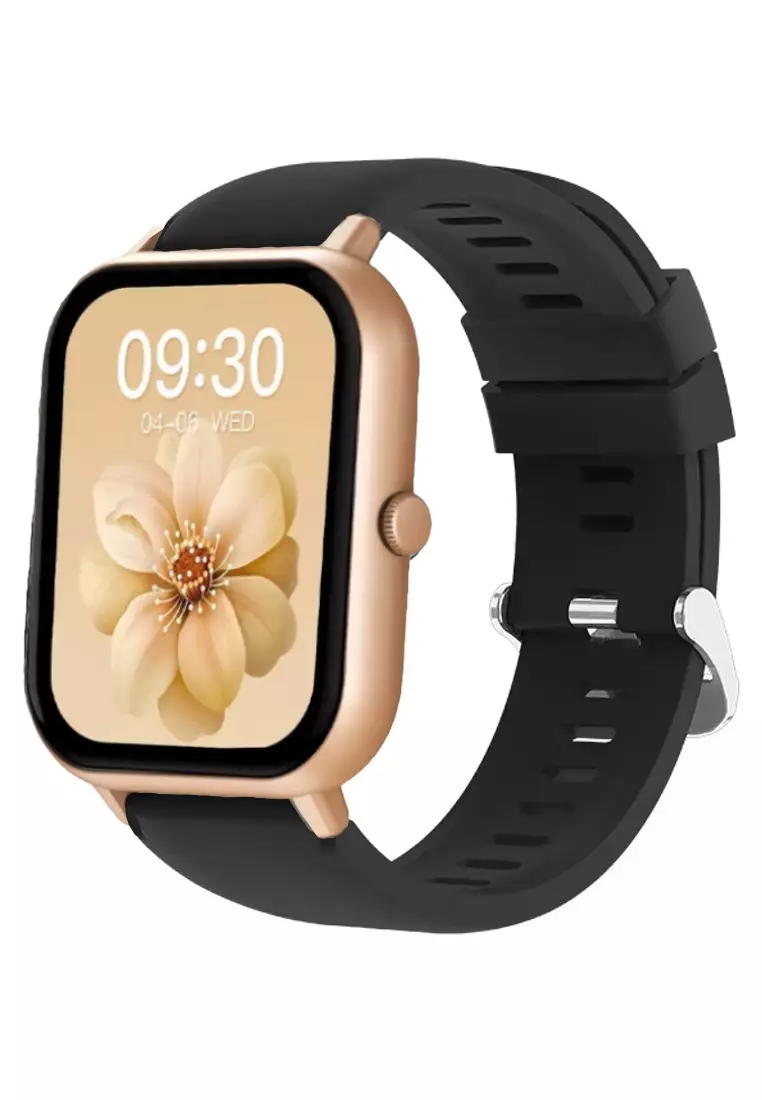 Unisex Rectangular Smart Watch - Gold with Black Rubber Strap