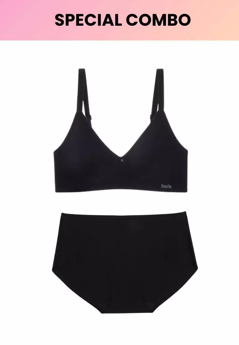 Special Bundle Premium Melanie Seamless Wireless Padded Support Bra in Black and Dayana Panty in Black