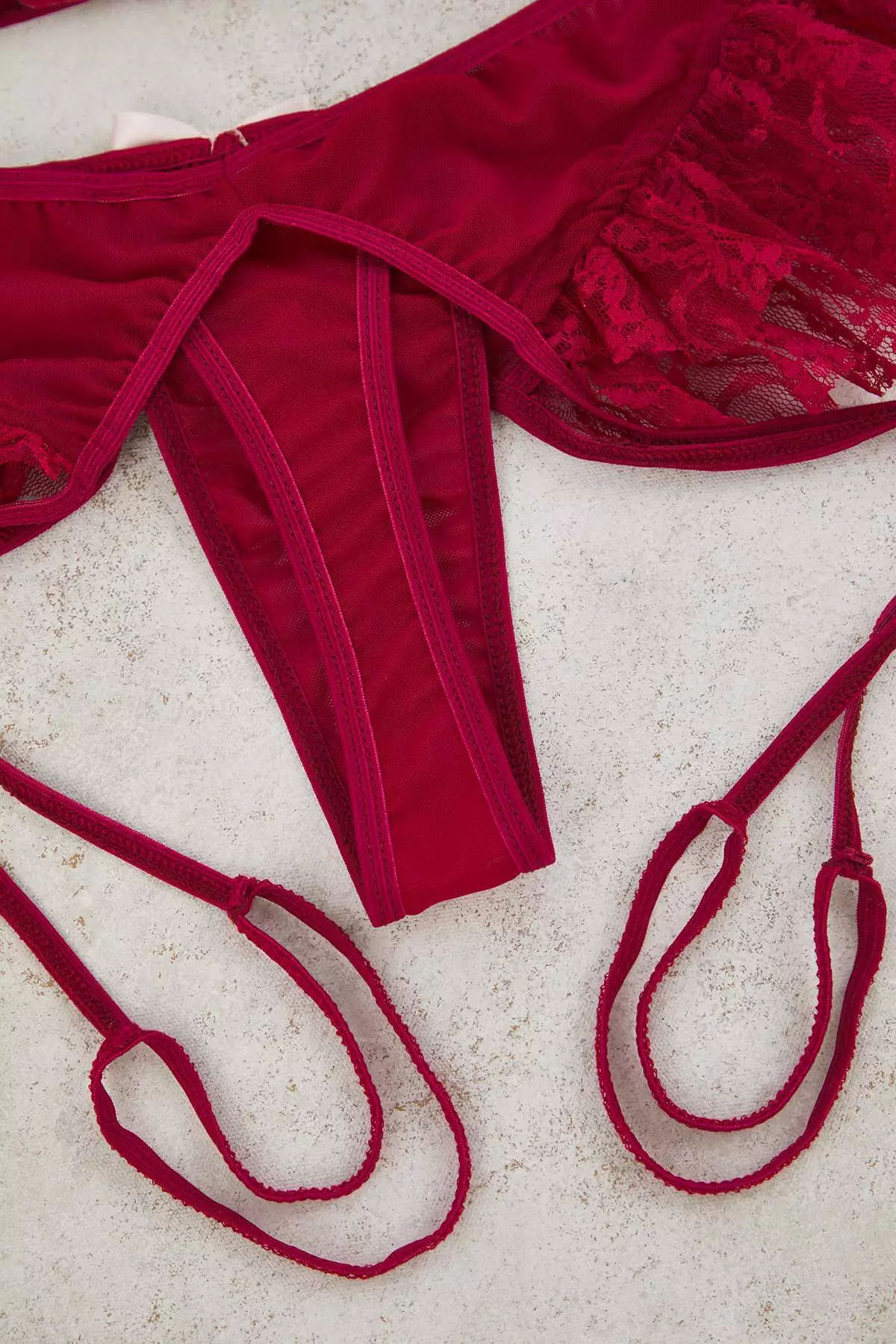 Burgundy Ribbon Detailed Leg Banded Ruffle Coverless Lace Fantasy Lingerie Set