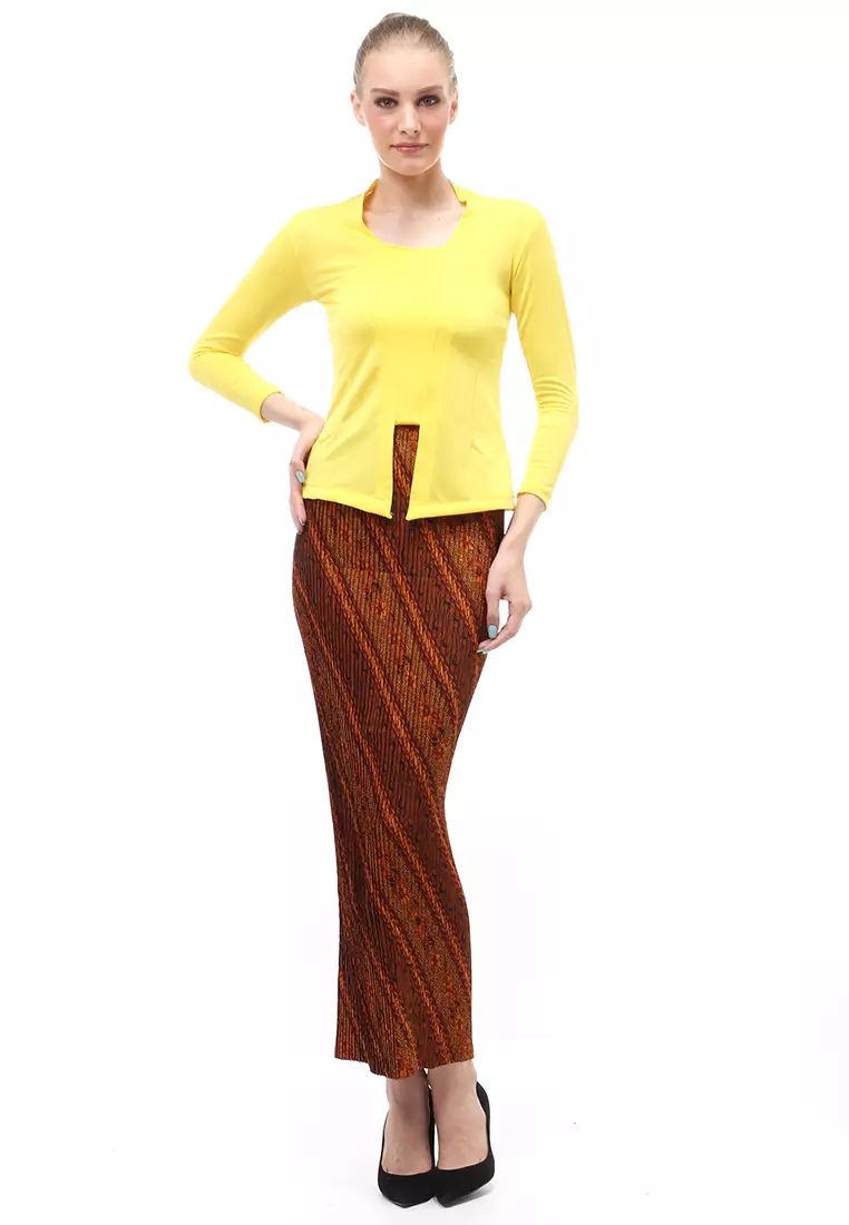 Kebaya Atasan Wanita Motif Solid Long Sleeves Slip On Style Design Casual Relaxed Fit - Kuning
