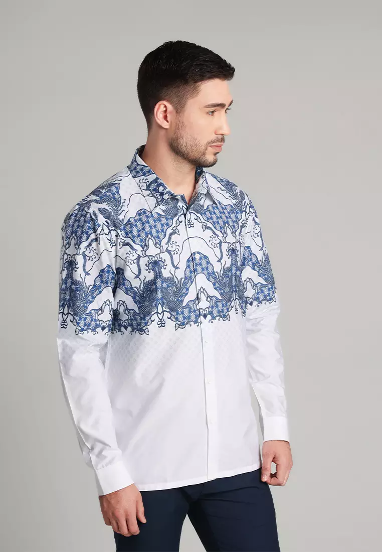 MOC - Kemeja Batik Pria Lengan Panjang Kintamani - White