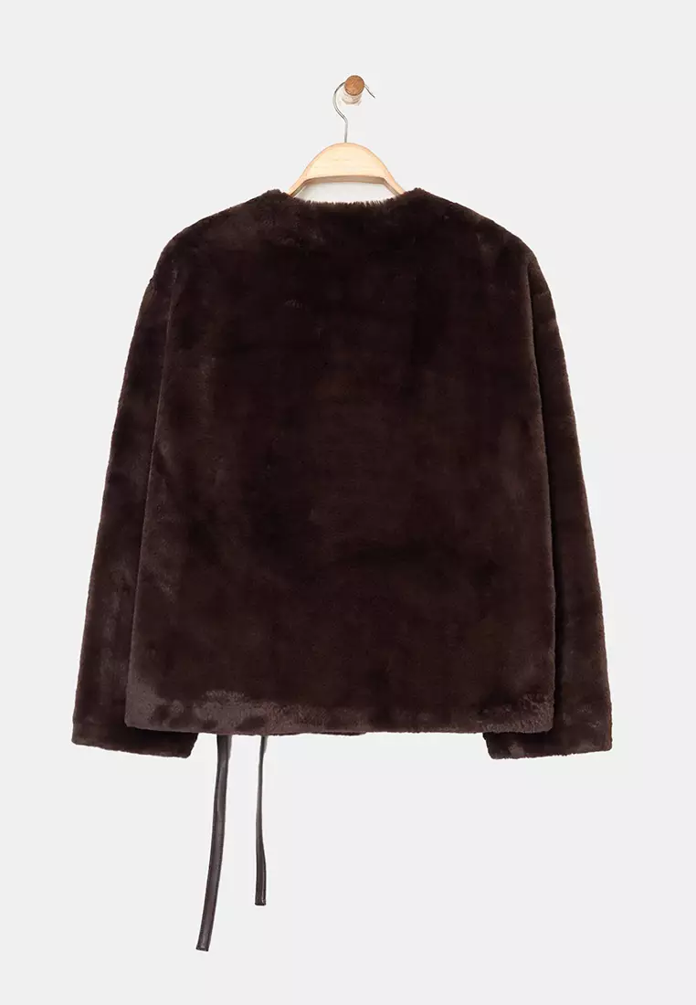 Brown Oversize Pattern Plush Jacket Coat With Lacing Detail