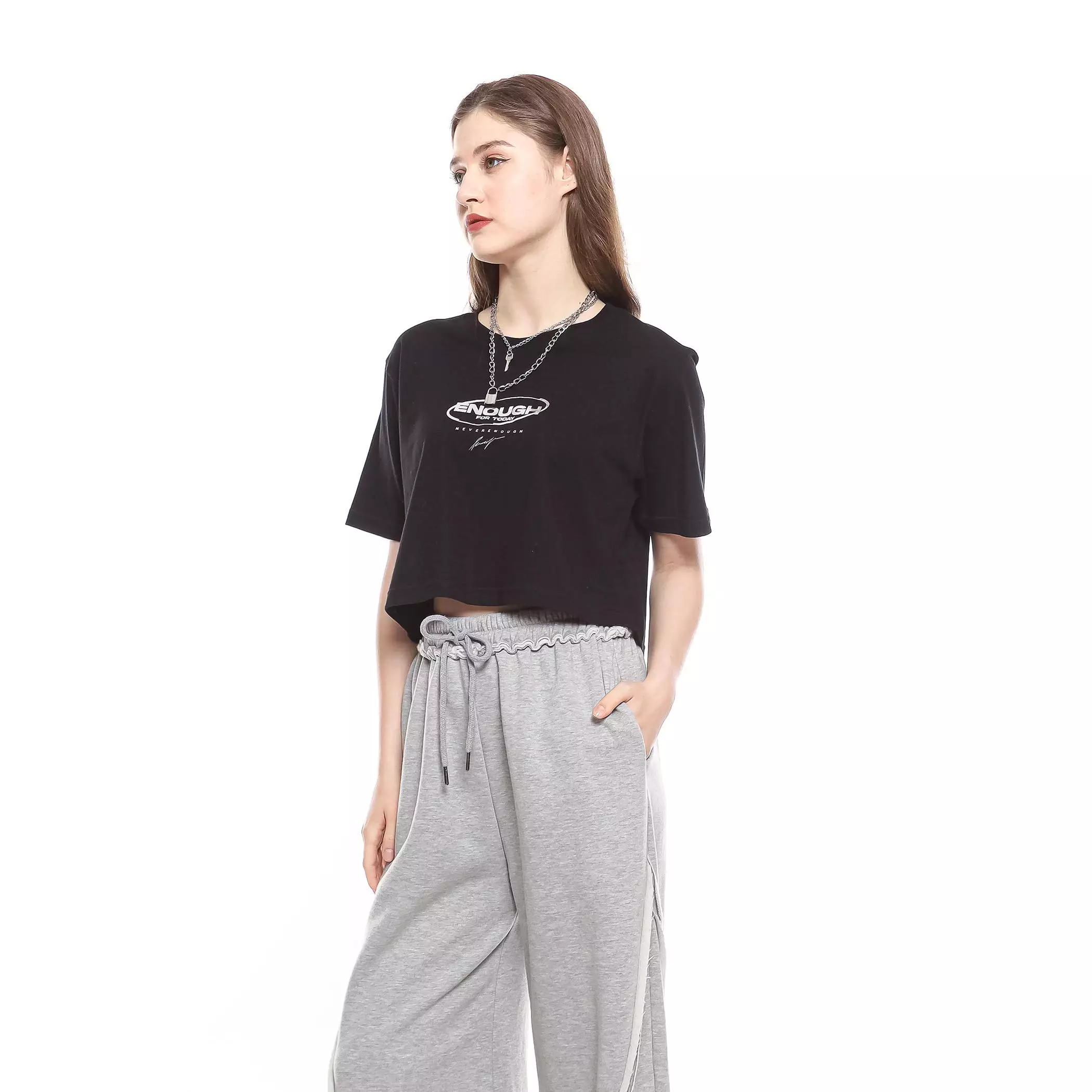 Enough For Today – Kaos Crop Oversize Wanita Hitam Y2K Silverykuiy | T-Shirt Foil Silver Cotton Combed 30s