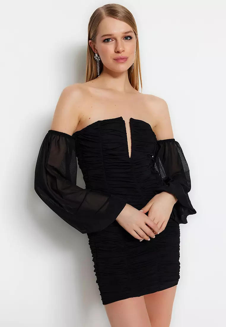 Black sheer mesh square neck binding detail bodycon dress discount