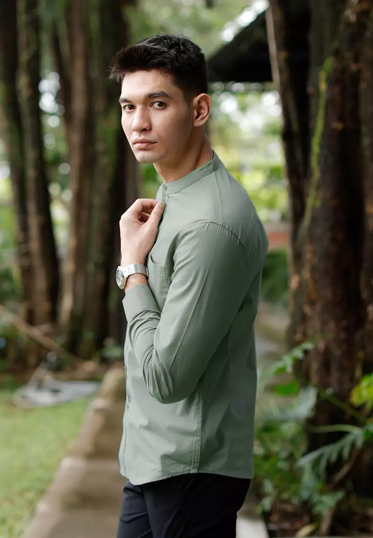 Oxcon Collarless Long Sleeve Business Shirt soft cotton Sage