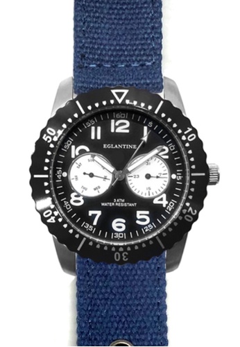 EGLANTINE black and blue and silver EGLANTINE® Terrenz Unisex Military Steel Quartz Watch, Black Dial, Blue Denim Textile Strap 548F3ACFA7F504GS_1