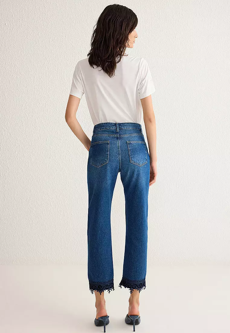 Blue Lace Detailed Normal Waist Straight Jeans