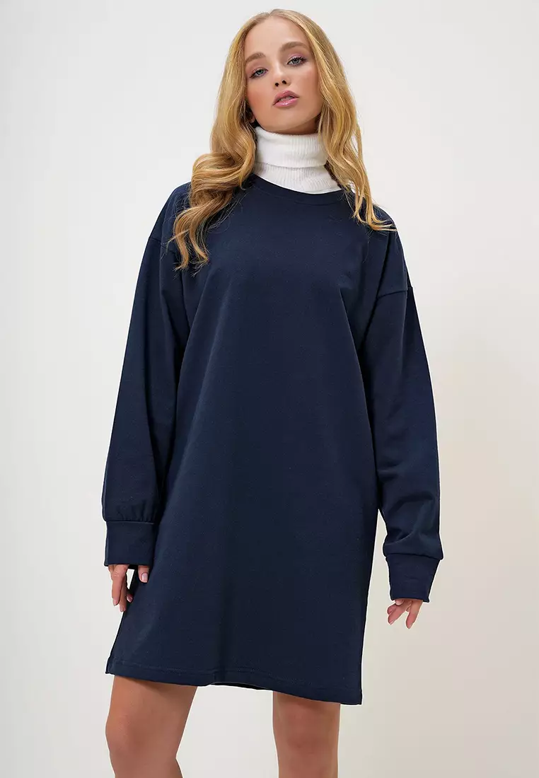 Women's Navy Blue Crew Neck Sweatshirt Dress Alc-X13137