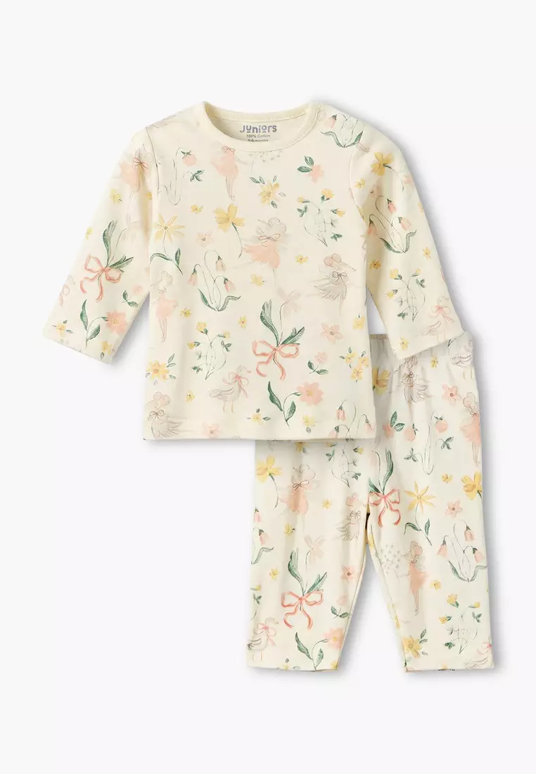 Babyshop Juniors Cotton Round Neck Long Sleeves Pyjama Set With Botanical Print