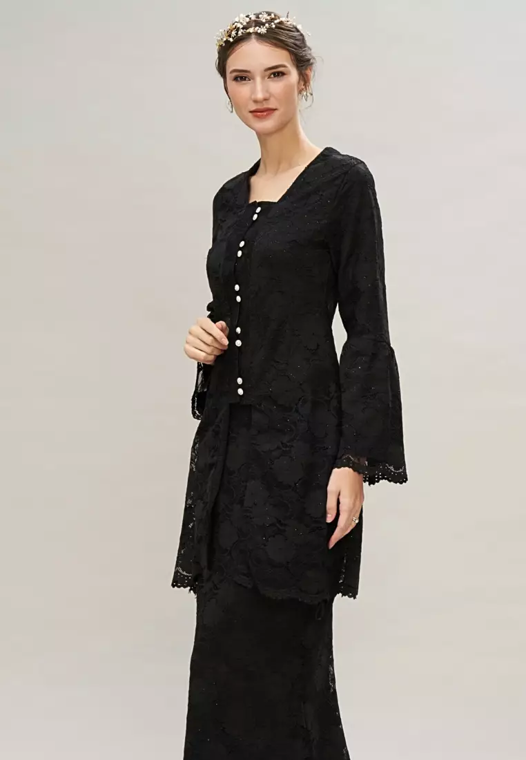 Black Lace Puff Sleeve Modern Kebaya and Maxi Lace Skirt Malay Wedding