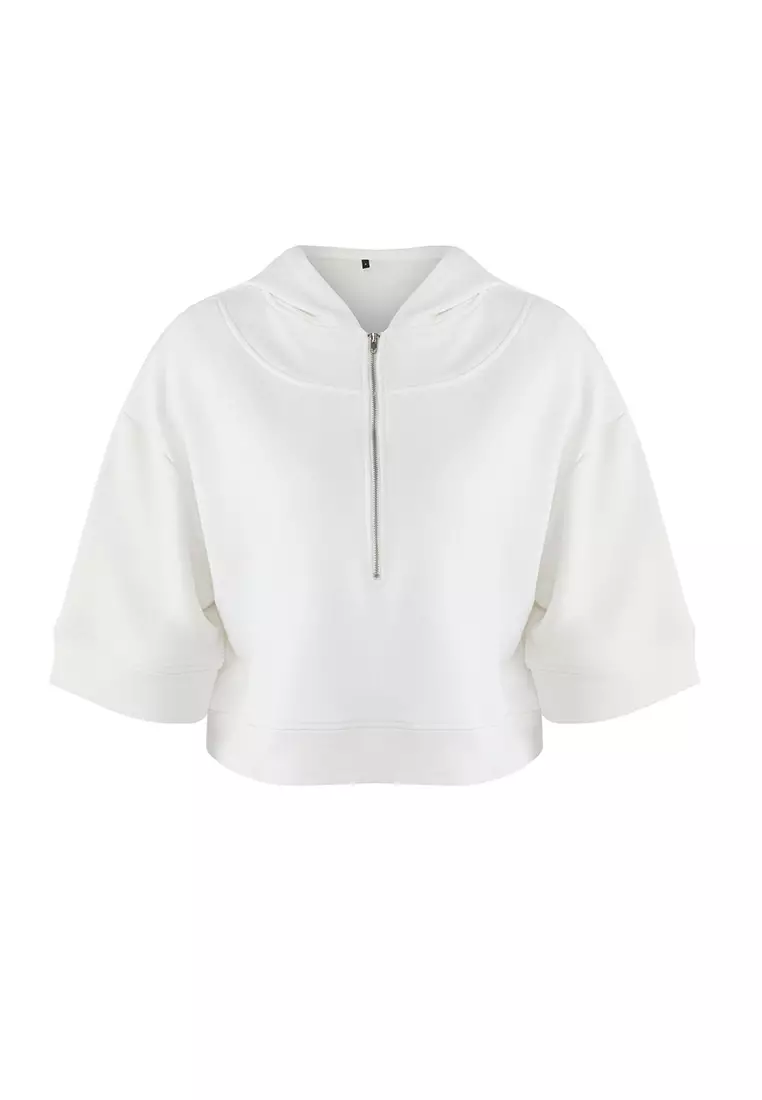Ecru Hooded Zipper Detailed Three Quarter Sleeve Thick Knitted Sweatshirt Twoaw26Sw00024