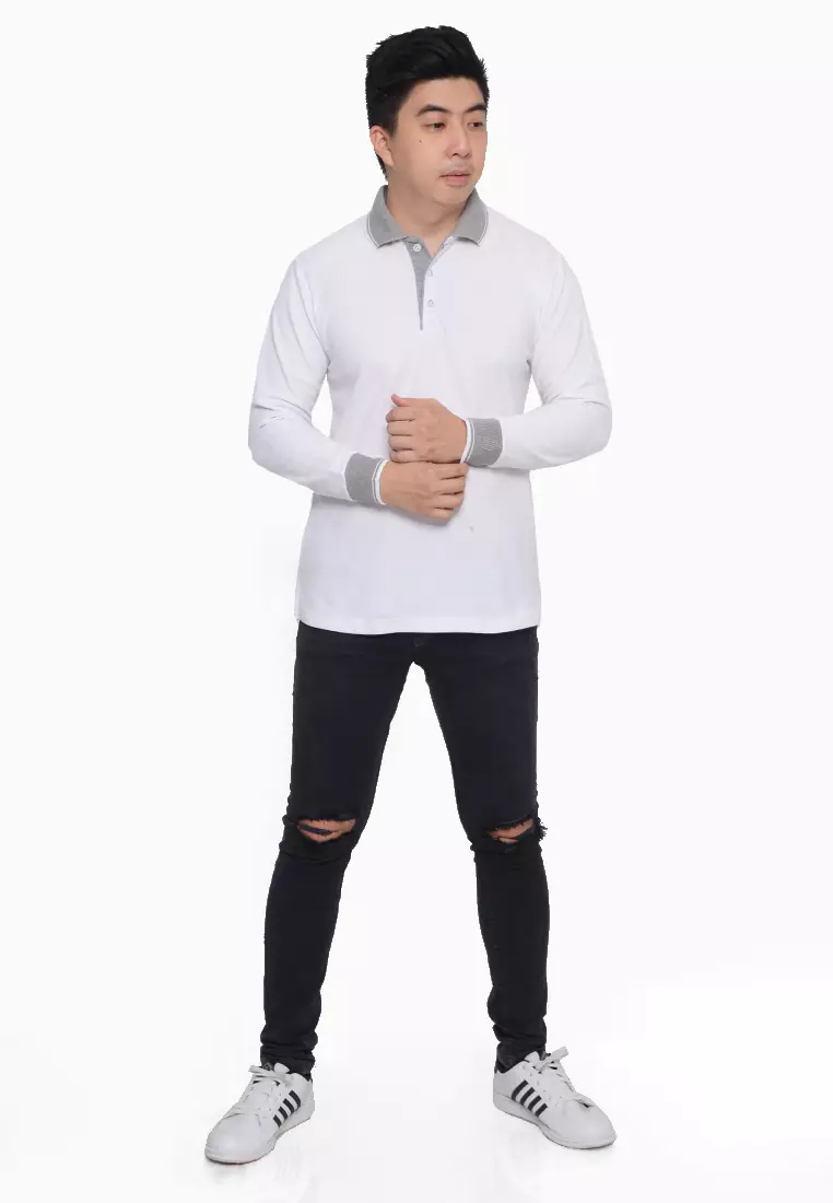 Andre Michel Kaos Polo Shirt Lengan Panjang Kerah Abu Putih 933-1