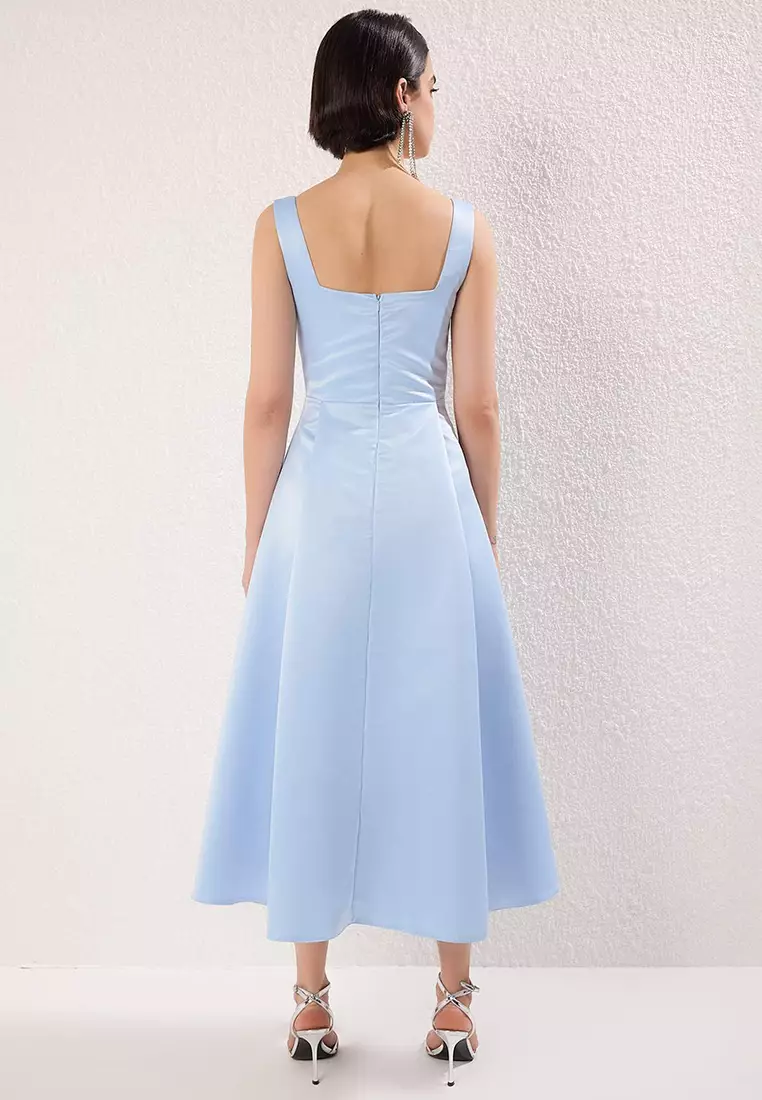 Light Blue Skirt Waist Open Woven Satin Midi Unlined Homecoming/Prom Dress