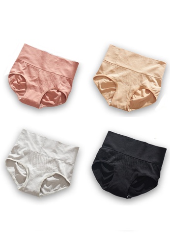 YSoCool black and grey and pink and beige Set of 4 Women High Waist Shaping Underwear Wide Waistband Panties 4FEDAUSD232943GS_1