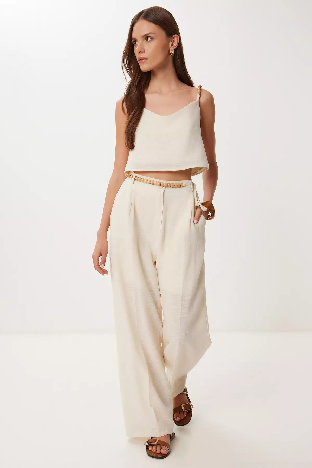 Women's Cream Bead Detail Linen Blouse Pants Suit Bv00170