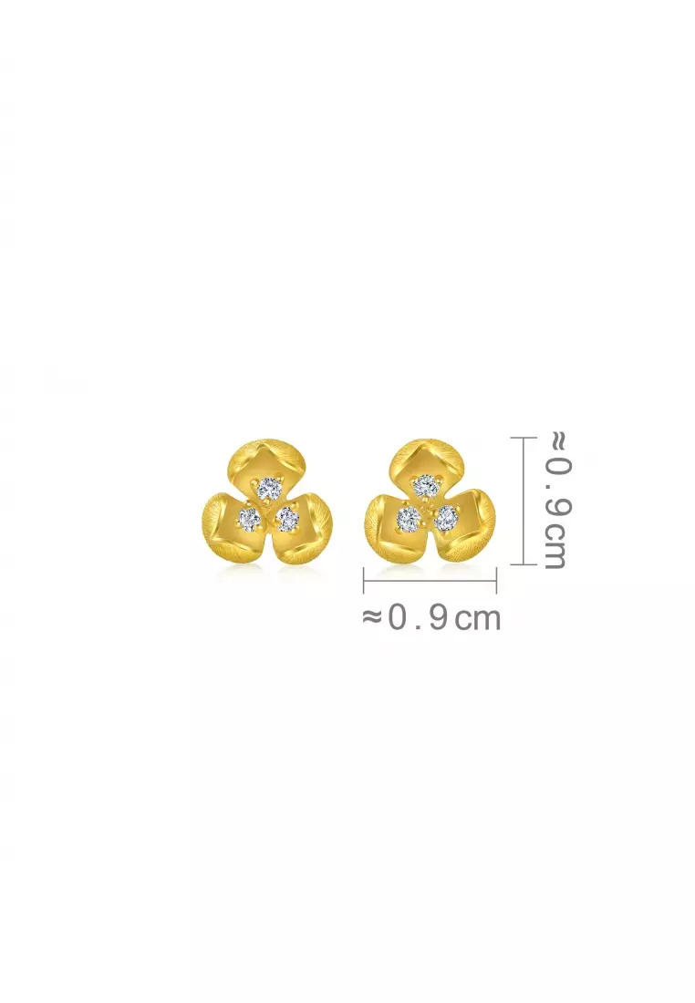 999 24K Solid Gold Cultural Blessings Blossom Stud Earrings with Diamonds for Women 95404E