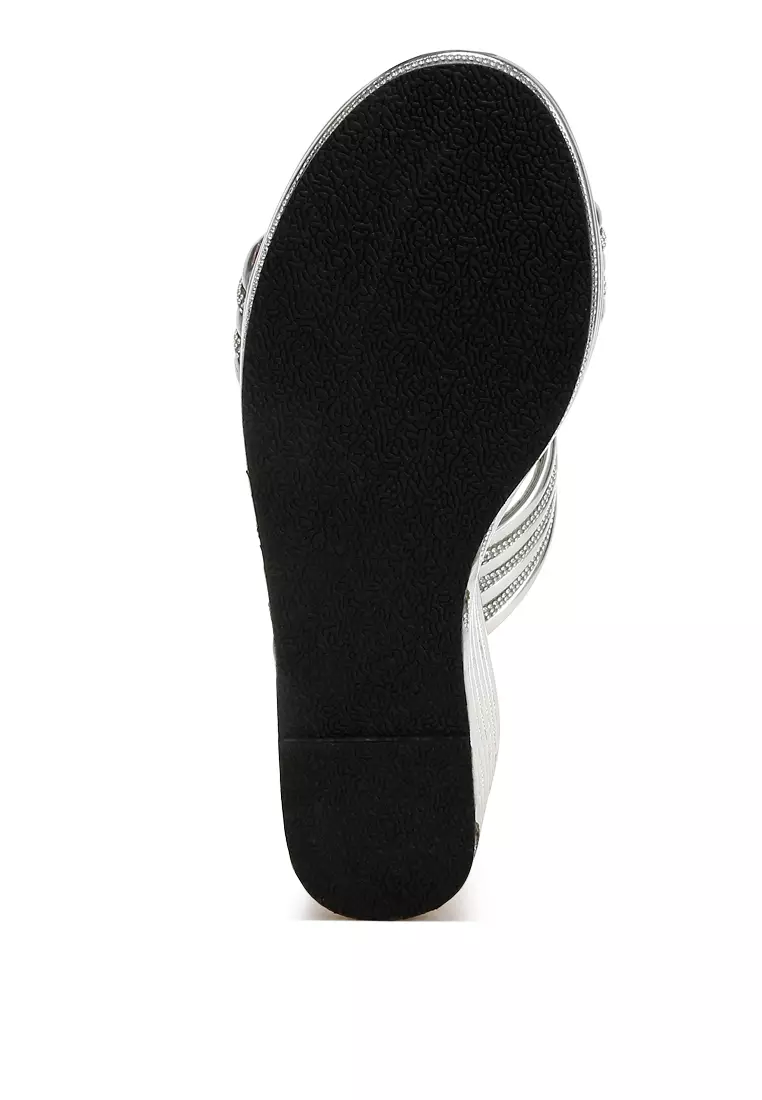 Metallic Faux Leather Wedge Sandals in Silver