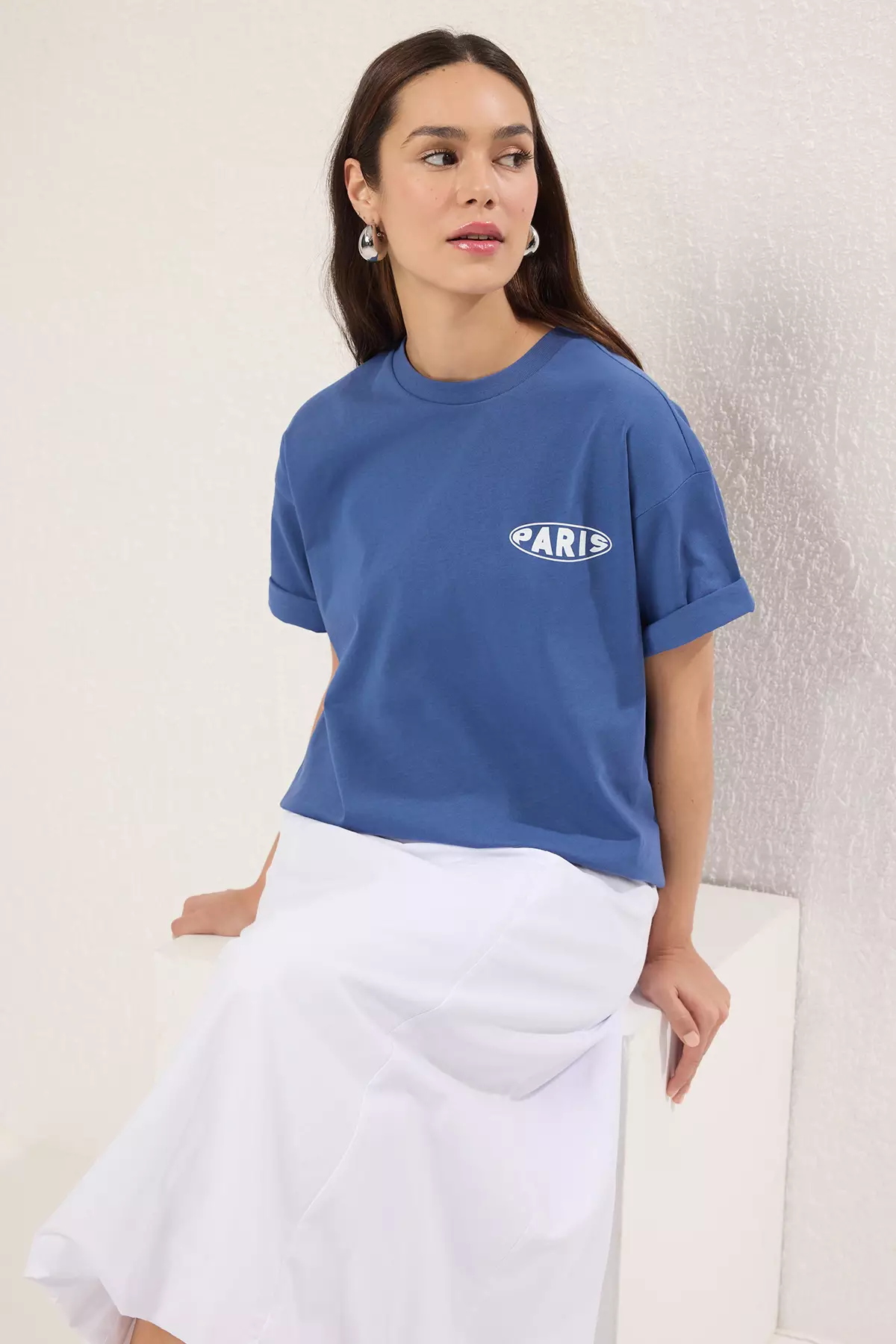 Indigo printed 100% Cotton Premium Oversize/Wide Pattern Crew Neck Knitted T-Shirt TWOSS23TS00040