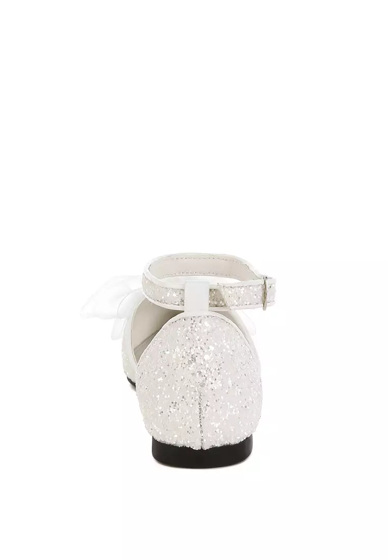 Sheer Bow Detail Glitter Flat Sandals in White