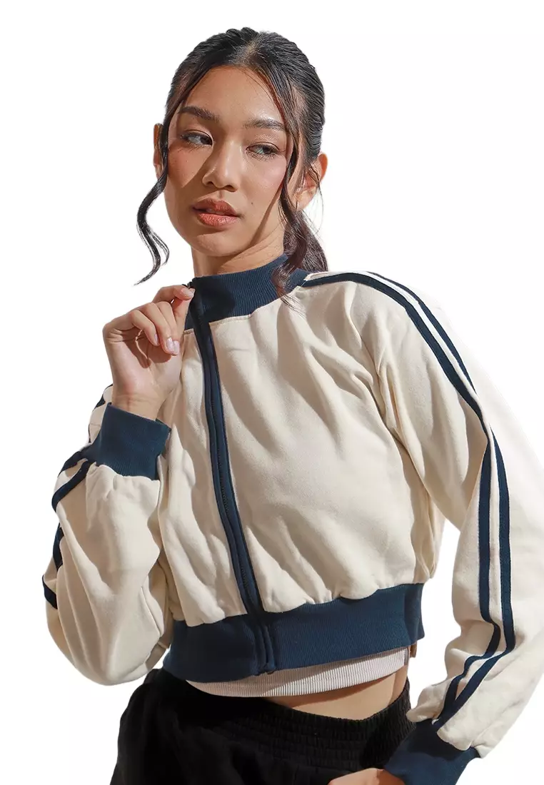 Women's White Zip-Up Track Jacket with Black Stripe Detail