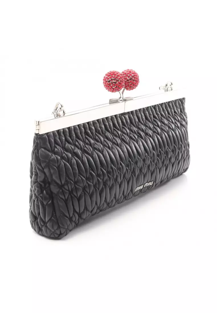 Pre-Loved MIU MIU matelasse chain shoulder bag leather black Valentine's Day Limited clasp