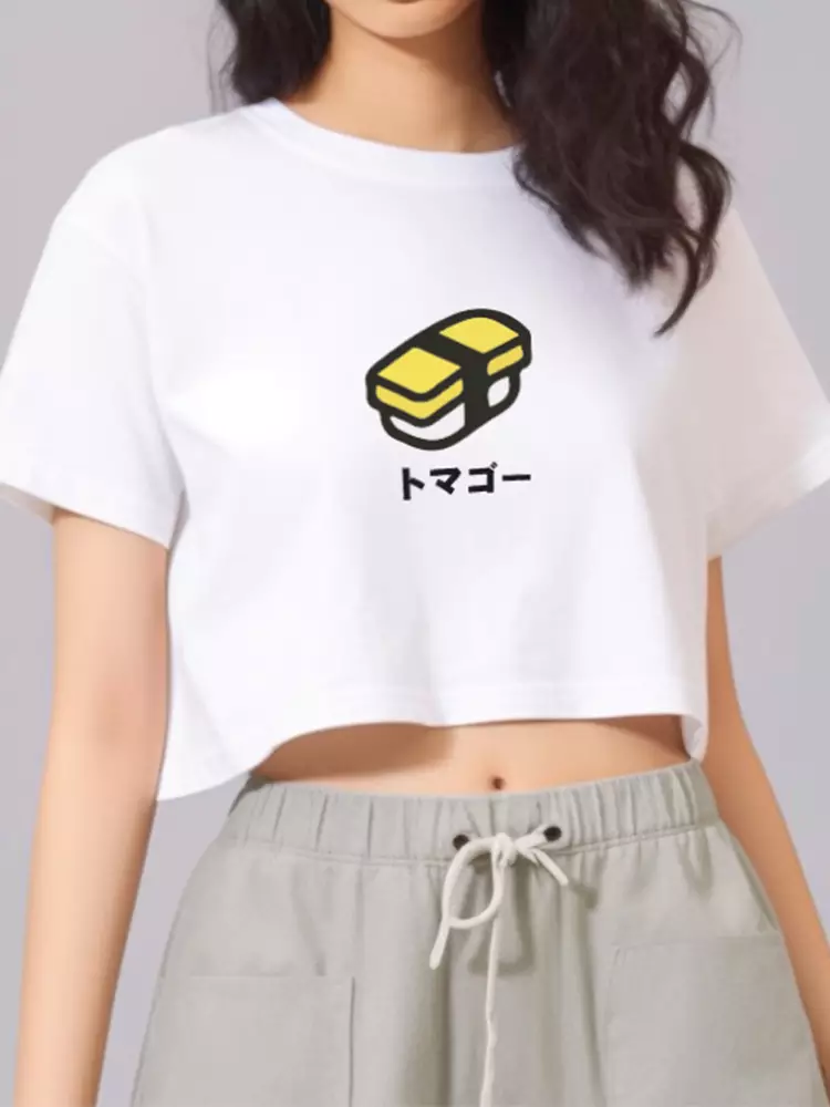 LTF17 kaos oversize crop top wanita OLC tamago sushi putih