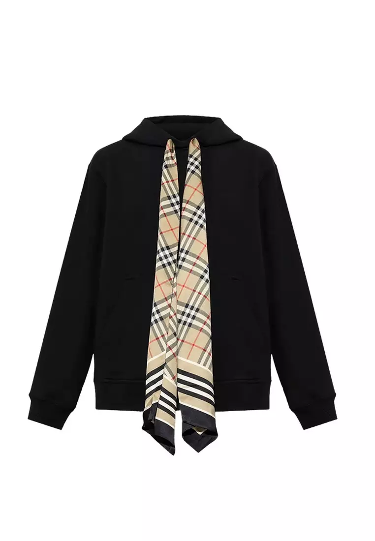 Burberry Scarf Detail Cotton Oversized Hoodie in Black